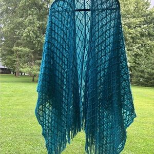 Vibrant Teal Knit Shawl with Fringe